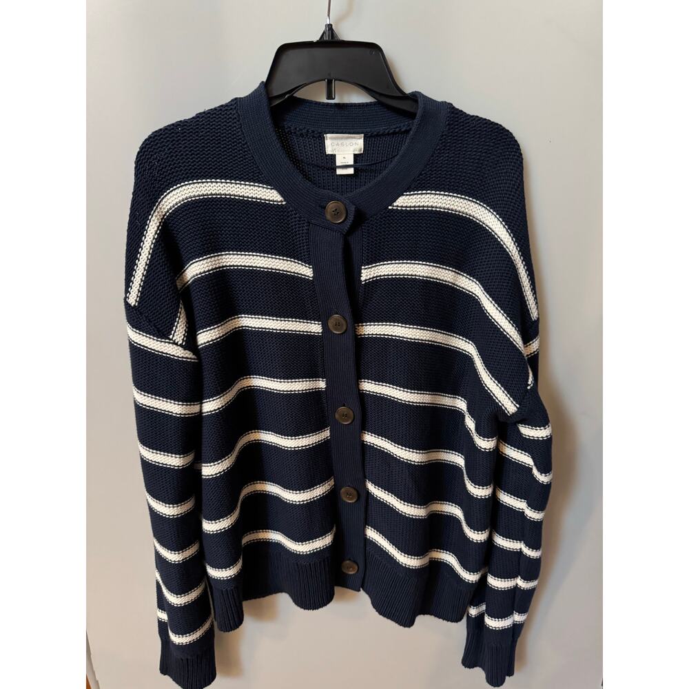 Caslon Stripe Pima Cotton Cardigan - Blue White - XL (New) - Picture 3 of 4